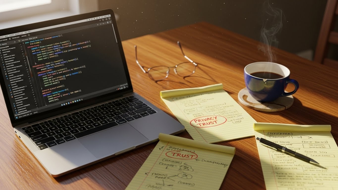 A messy desk with a laptop displaying code, coffee cup, and scattered notes about privacy