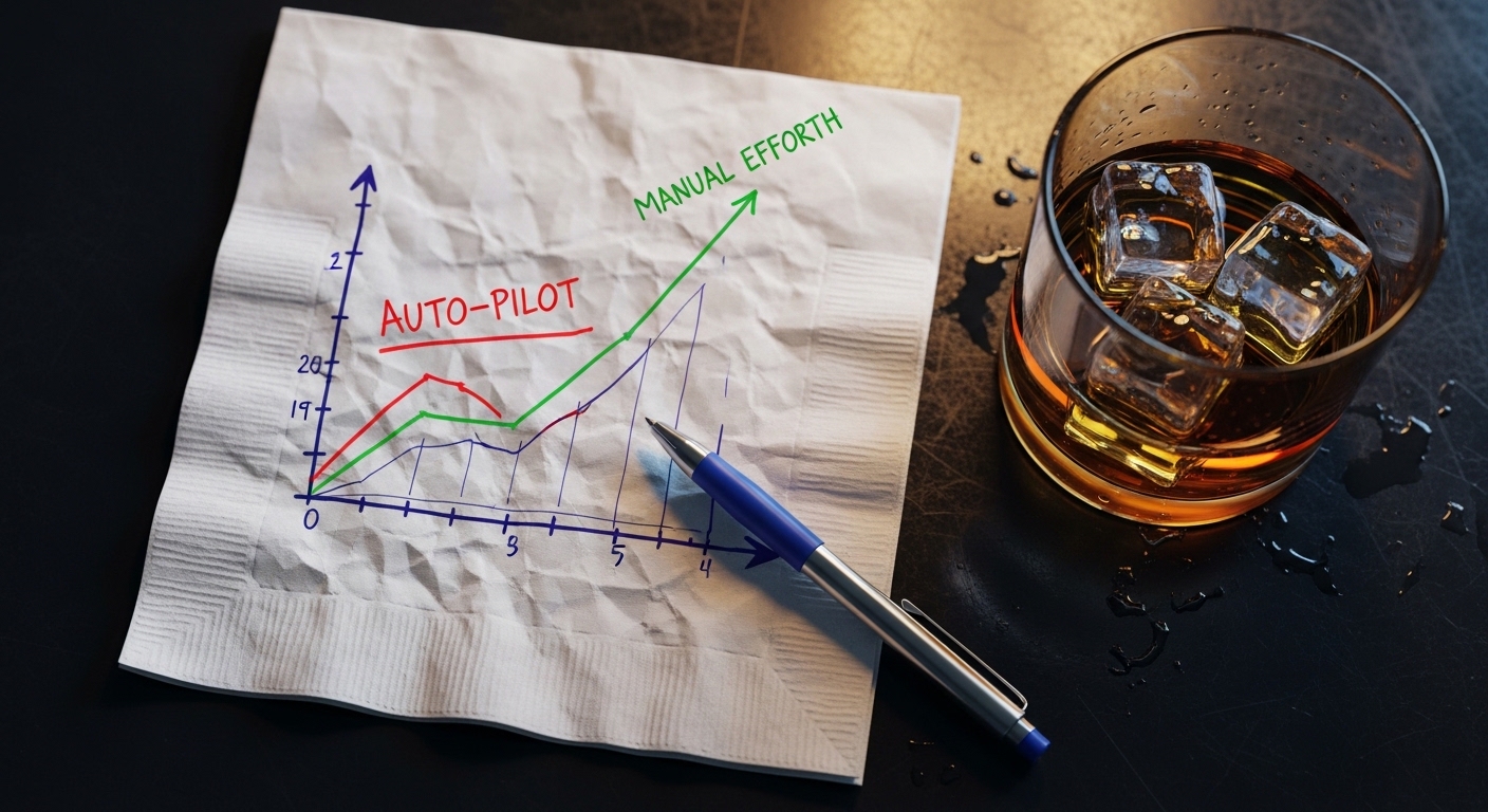Hand-drawn graph on a napkin showing manual tracking saving money vs automated tracking flatlining