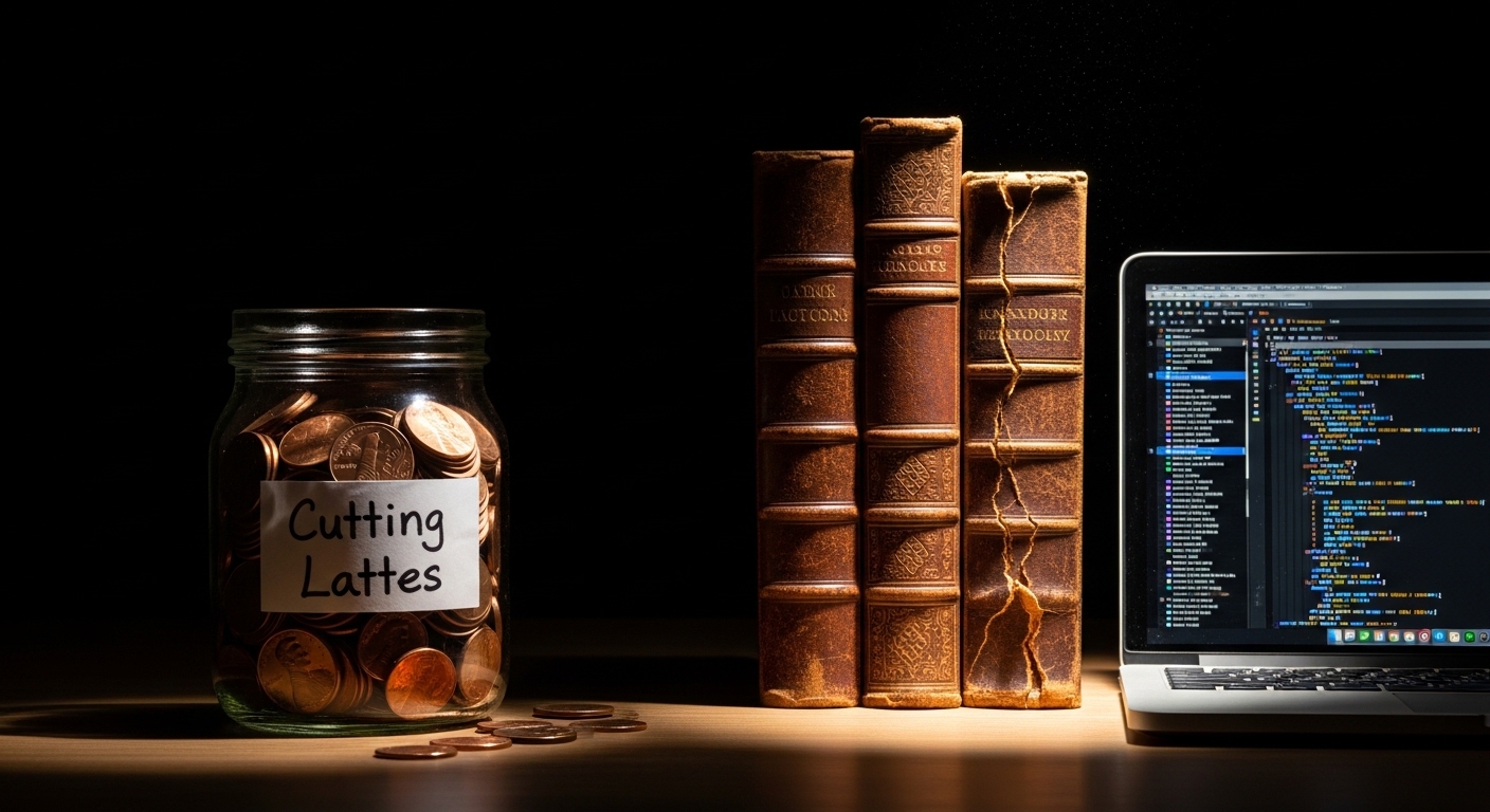 Conceptual art contrasting a small coin jar (deprivation) with a growing tree (growth/obsession)