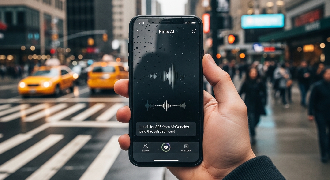 Hand holding a phone showing the voice entry interface of Finly